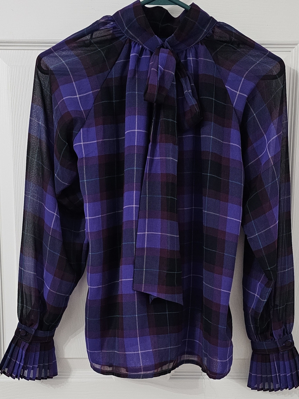 Ann Taylor Purple Plaid Tie-Neck Dress Shirt